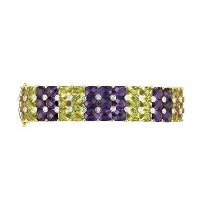 Lot 409 - Gold, Peridot, Amethyst and Diamond Bangle Bracelet