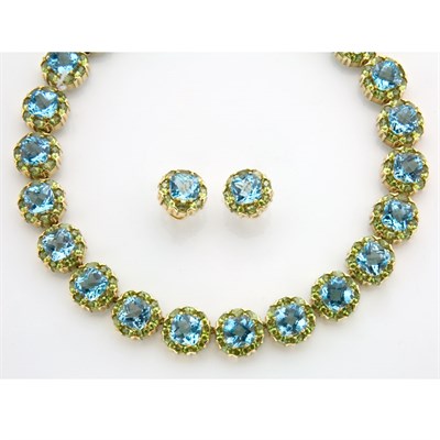 Lot 623 - Gold, Blue Topaz and Peridot Necklace and Pair of Earrings