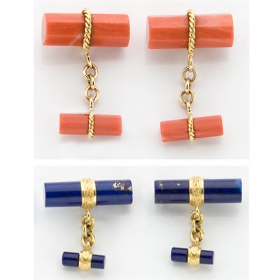 Lot 731 - Pair of Gold and Coral Cufflinks and Pair of Gold and Lapis Cufflinks