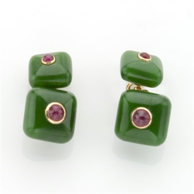 Lot 811 - Pair of Nephrite and Ruby Cufflinks, Trianon