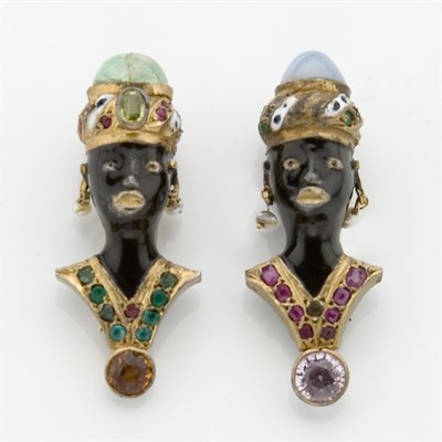 Lot 877 - Two Black Enamel, Colored-Stone and Stone Blackamoor Clips