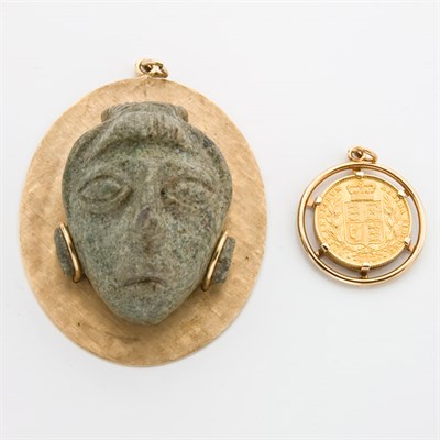 Lot 867 - Gold and Metal Coin Pendant and Gold and Carved Agate Pendant