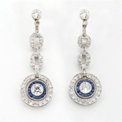Lot 758 - Pair of Diamond and Sapphire Pendant-Earrings