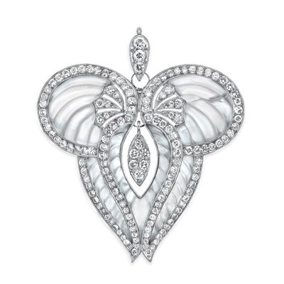 Lot 466 - Fluted Frosted Rock Crystal and Diamond Pendant-Brooch