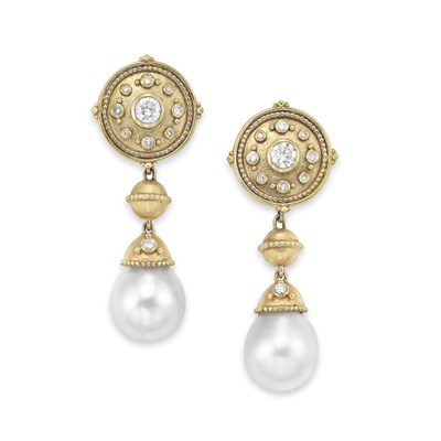 Lot 307 - Pair of Gold, Diamond and Cultured Pearl Pendant-Earrings
