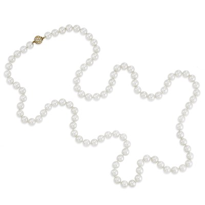 Lot 214 - Long Cultured Pearl Necklace with Diamond Ball Clasp