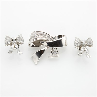 Lot 850 - Pair of Platinum and Diamond Bow Earrings and Bow Brooch