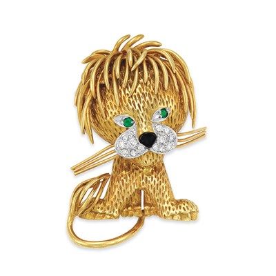 Lot 431 - Gold, Diamond, Emerald and Enamel Dog Clip-Brooch, Van Cleef & Arpels