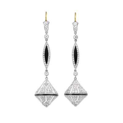 Lot 535 - Pair of Art Deco Diamond and Black Enamel Pendant-Earrings