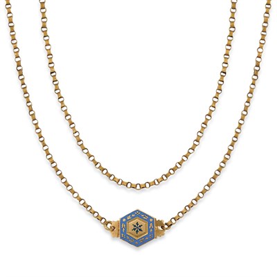 Lot 62 - Long Antique Gold Muff Chain with Enamel Clasp