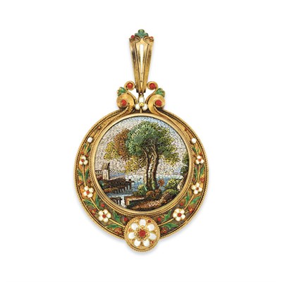 Lot 325 - Antique Gold, Micromosaic and Enamel Pendant