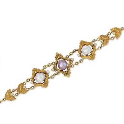 Lot 75 - Antique Gold, Natural Purplish-Pink and White Baroque Freshwater Pearl and Diamond Bracelet