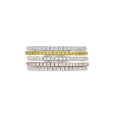 Lot 152 - Five Row Diamond, Pink and Yellow Diamond Band Ring