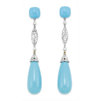 Lot 263 - Pair of White Gold, Turquoise, Seed Pearl and Diamond Pendant-Earrings