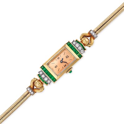 Lot 124 - Double Strand Gold, Platinum, Emerald and Diamond Snake Chain Wristwatch
