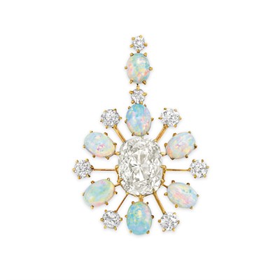 Lot 491 - Antique Gold, Diamond and Opal Pendant