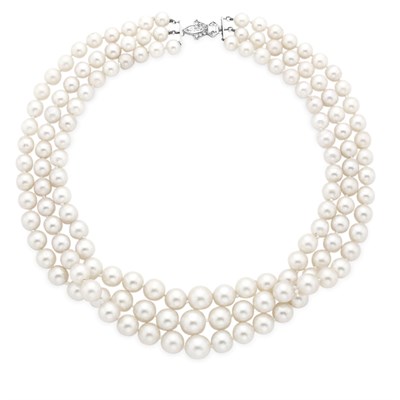 Lot 28 - Triple Strand Cultured Pearl Necklace with Diamond Clasp