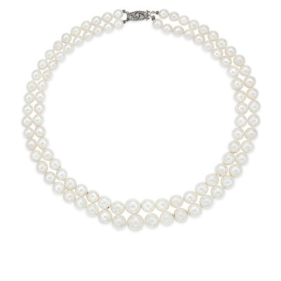 Lot 70 - Double Strand Cultured Pearl Necklace with Diamond Clasp