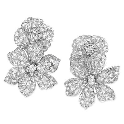 Lot 527 - Pair of Diamond Flower Clip-Brooches