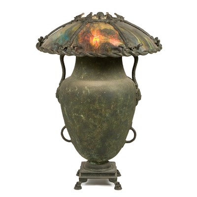 Lot 71 - Art Nouveau Style Bronze and Glass Lamp The...