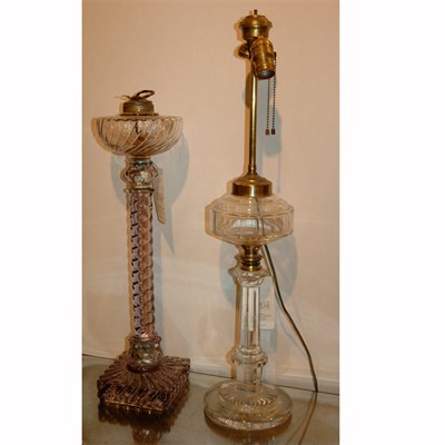 Lot 214 - Two Molded Glass Oil Lamps Height of taller 23...