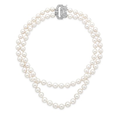 Lot 128 - Double Strand Cultured Pearl Necklace with Diamond Clasp