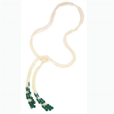 Lot 263 - River Pearl and Green Onyx Lariat Three...