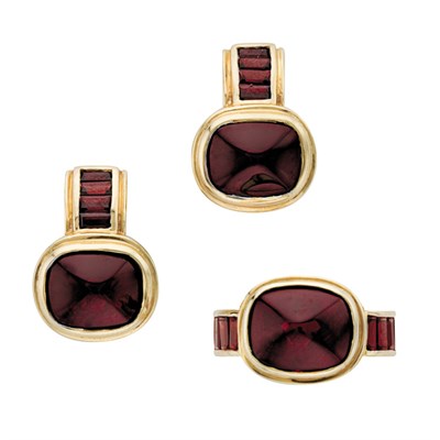 Lot 448 - Pair of Gold and Cabochon Garnet Earrings and Ring