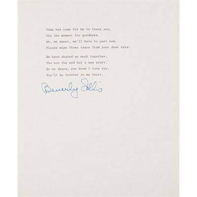 Lot 360 - SILLS, BEVERLY Single typed sheet, signed by...