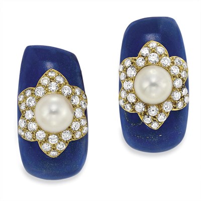 Lot 441 - Pair of Gold, Lapis, Cultured Pearl and Diamond Half-Hoop Earclips, Van Cleef & Arpels