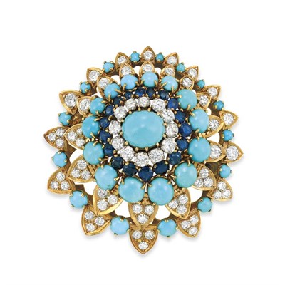 Lot 436 - Gold, Turquoise, Sapphire and Diamond Flower Brooch
