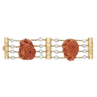 Lot 357 - Four Strand Gold, Carved Coral Flower and Baroque Cultured Pearl Bracelet, Seaman Schepps
