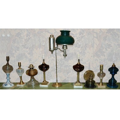 Lot 212 - Group of Nine Metal Mounted Glass Fluid Lamps...