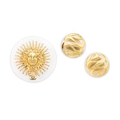 Lot 183 - Chanel Lucite and Gilt-Metal Brooch and Pair...