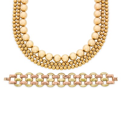 Lot 46 - Two Gold Bead Necklaces and Two-Color Gold Bracelet