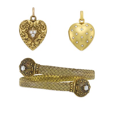 Lot 1 - Antique Gold and Diamond Mesh Crossover Bangle Bracelet and Two Heart Lockets