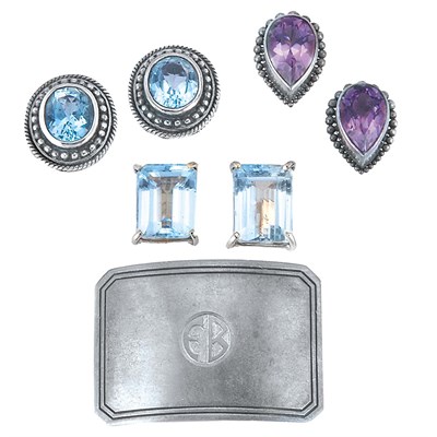 Lot 119 - Three Pairs of Sterling Silver, Gold and Gem-Set Earrings and Buckle
