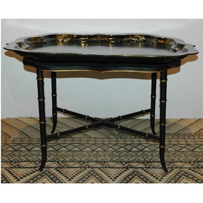 Lot 380 - Floral and Gilt Decorated Black Painted Papier...