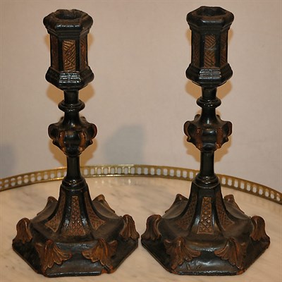 Lot 393 - Pair of Victorian Black Painted Candlesticks...