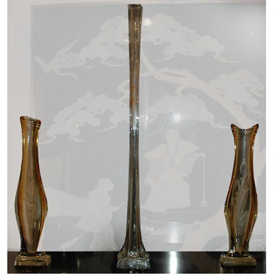 Lot 426 - Pair of Deer Decorated Yellow Glass Vases...