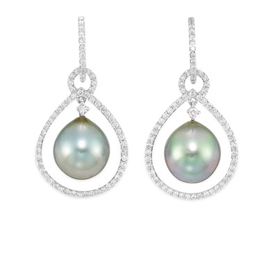 Lot 109 - Pair of  White Gold, Diamond and Black Cultured Pearl Pendant-Earrings