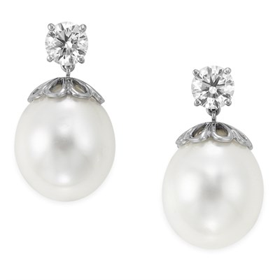 Lot 362 - Pair of Cultured Pearl and Diamond Pendant-Earrings