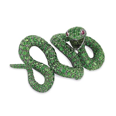 Lot 233 - Green Garnet and Pink Sapphire Snake Clip-Brooch
