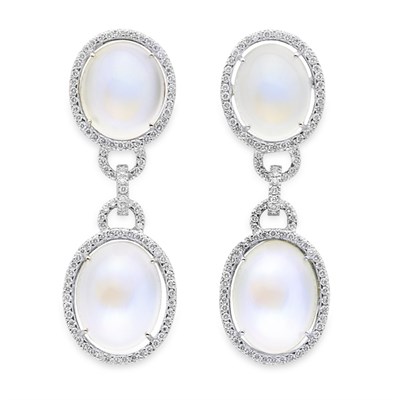 Lot 88 - Pair of White Gold, Moonstone and Diamond Pendant-Earrings