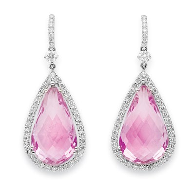 Lot 65 - Pair of White Gold, Kunzite and Diamond Pendant-Earrings