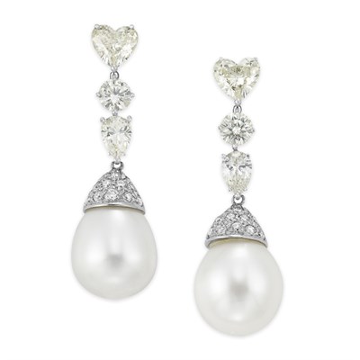 Lot 411 - Pair of Diamond and Cultured Pearl Pendant-Earrings