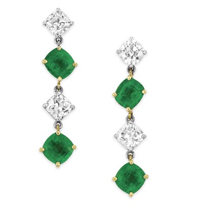 Lot 399 - Pair of Emerald and Diamond Pendant-Earrings