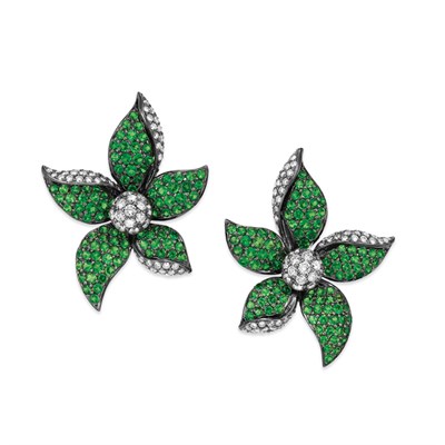 Lot 232 - Pair of Green Garnet and Diamond Flower Earrings