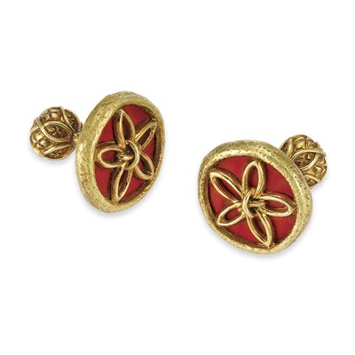 Lot 216 - Pair of Gold and Red Enamel Cufflinks, Schlumberger, Tiffany & Co.