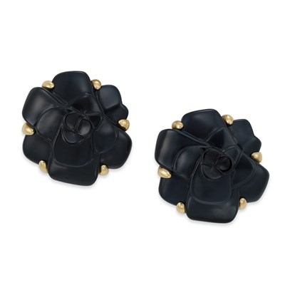 Lot 355 - Pair of Gold and Black Onyx Flower Earclips, Chanel